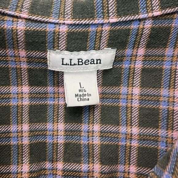 L.L. Bean Flannel Shirt Women’s Large 100% Cotton Green Plaid Button Down - Picture 3 of 7